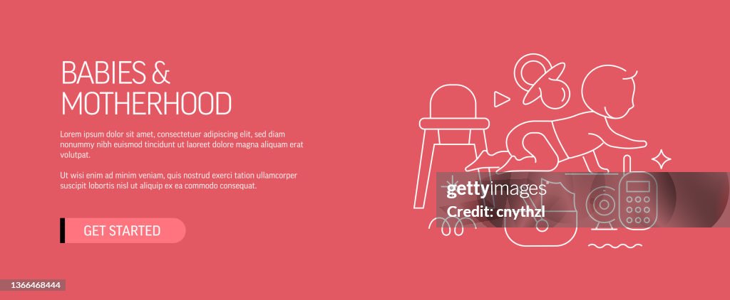 Babies and Motherhood Related Web Banner Line Style. Modern Design Vector Illustration for Web Banner, Website Header etc. Stock Illustration