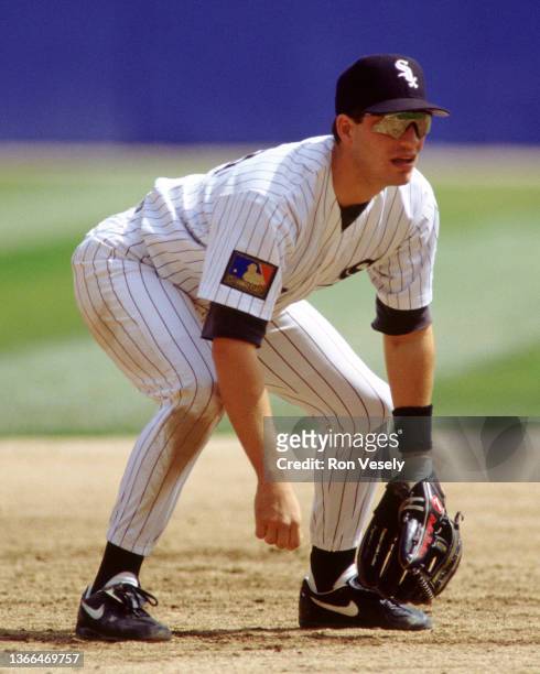 Robin Ventura of the Chicago White Sox fields during an MLB game at Comiskey Park in Chicago, Illinois during the 1994 season. Ventura played for the...