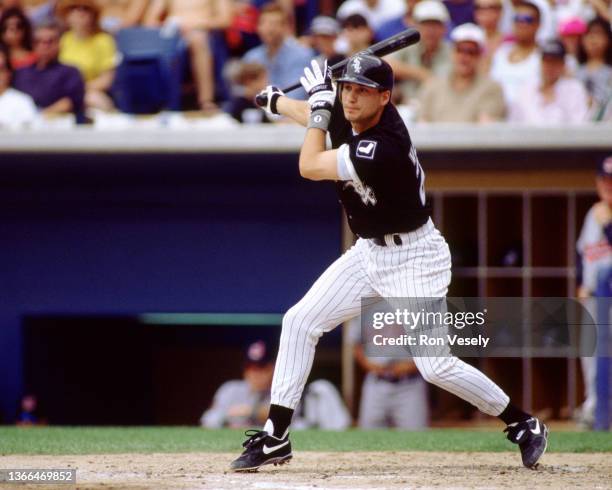 Robin Ventura of the Chicago White Sox bats during an MLB game at Comiskey Park in Chicago, Illinois during the 1994 season. Ventura played for the...