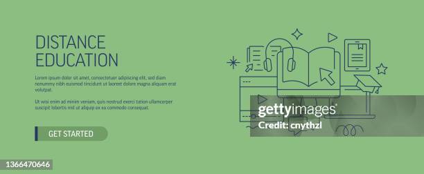 stockillustraties, clipart, cartoons en iconen met distance education related web banner line style. modern design vector illustration for web banner, website header etc. stock illustration - exam