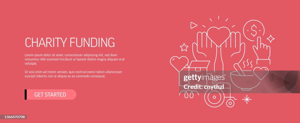 Charity Funding Related Web Banner Line Style. Modern Design Vector Illustration for Web Banner, Website Header etc. Stock Illustration