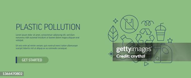 plastic pollution related web banner line style. modern design vector illustration for web banner, website header etc. stock illustration - ocean garbage stock illustrations
