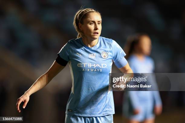 Steph Houghton of Manchester City reacts during the Barclays FA Women's Super League match between Manchester City Women and Arsenal Women at The...