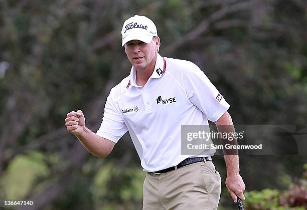 Steve Stricker reacts to winning the Hyundai Tournament of Champions at the Plantation Course on January 9, 2012 in Kapalua, Hawaii.