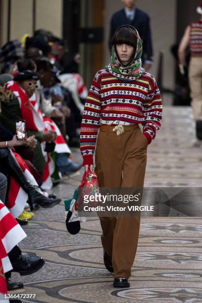 Model walks the runway during the Kenzo Ready to Wear Fall/Winter 2022-2023 fashion show as part of the Paris Men Fashion Week on January 23, 2022 in...