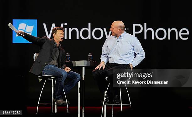 Host Ryan Seacrest and Microsoft CEO Steve Ballmer introduce the new windows phones during Ballmer's keynote address at the 2012 International...