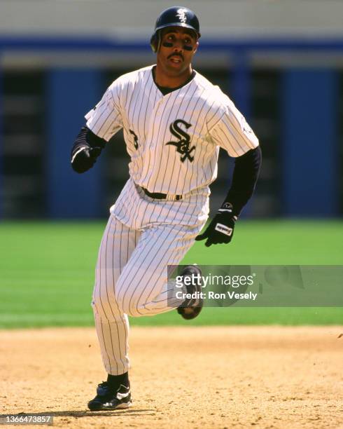 Harold Baines of the Chicago White Sox bats during an MLB game at Comiskey Park in Chicago, Illinois during the 1996 season. Baines played for the...
