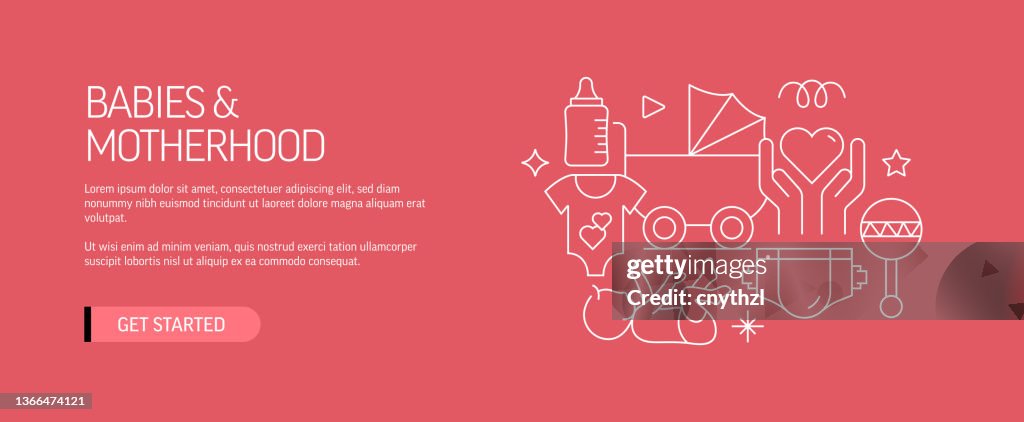 Babies and Motherhood Related Web Banner Line Style. Modern Design Vector Illustration for Web Banner, Website Header etc. Stock Illustration