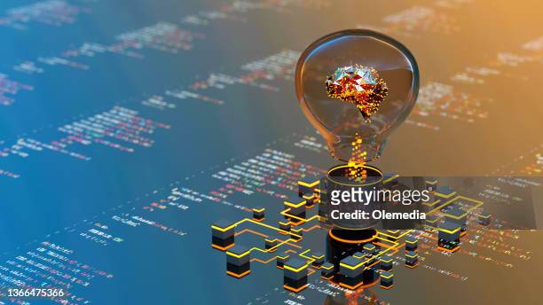 inteligencia artificial concepto digital cerebros abstractos dentro de bombilla - light bulb fotografías e imágenes de stock