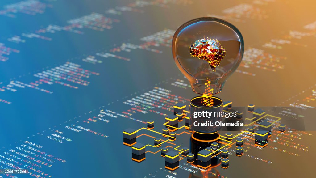 Artificial Intelligence digital concept abstract brains inside light bulb