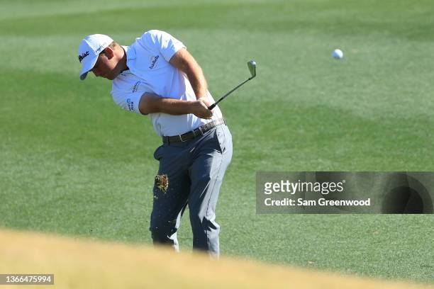 Tom Hoge plays a shot on the third hole during the final round of the The American Express at the Stadium Course at PGA West on January 23, 2022 in...