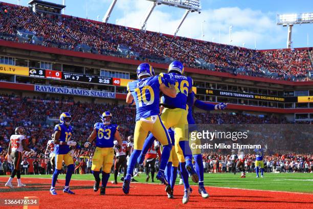 Kendall Blanton of the Los Angeles Rams celebrates with teammates after scoring a touchdown in the first quarter of the game against the Tampa Bay...