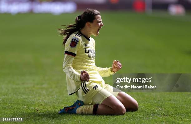 Tobin Heath of Arsenal celebrates after scoring their side's first goal during the Barclays FA Women's Super League match between Manchester City...