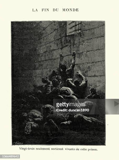 prisoners trapped desperate to escape reach for prison cell bars, victorian 19th century - claustrophobia stock illustrations