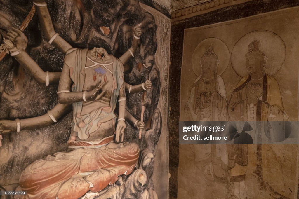 Ancient frescoes in the Buddhist caves of the Mogao Grottoes in Dunhuang, China