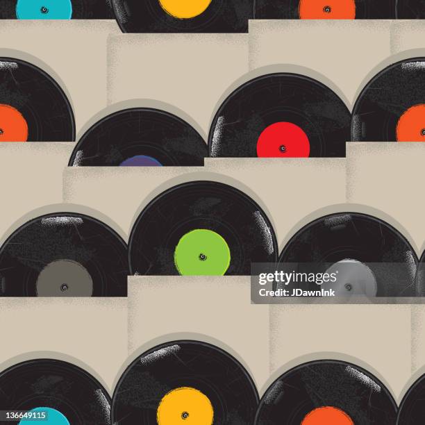 bildbanksillustrationer, clip art samt tecknat material och ikoner med seamless vintage vinyl record pattern - musikaffär