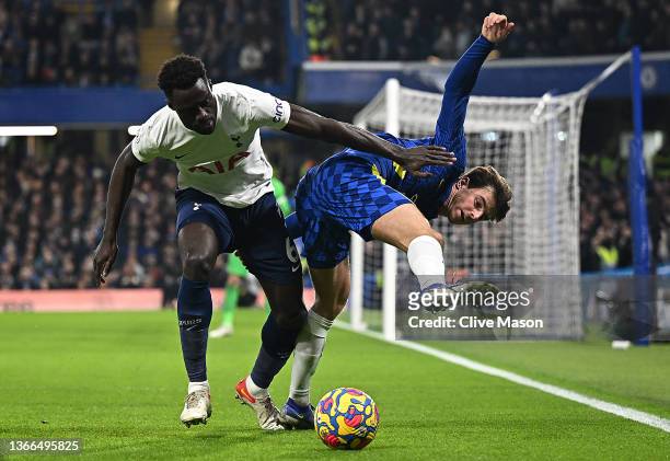 Mason Mount of Chelsea battles with Davinson Sanchez of Tottenham Hotspur during the Premier League match between Chelsea and Tottenham Hotspur at...