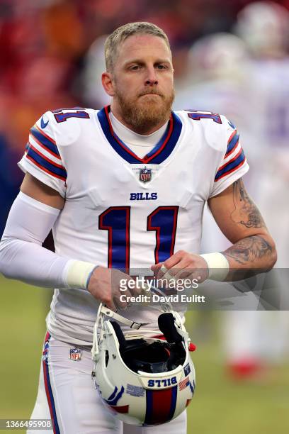Cole Beasley of the Buffalo Bills looks on prior to the AFC Divisional Playoff game against the Kansas City Chiefs at Arrowhead Stadium on January...