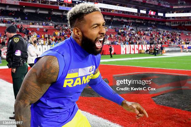 Odell Beckham Jr. #3 of the Los Angeles Rams reacts after defeating the Tampa Bay Buccaneers 30-27 in the NFC Divisional Playoff game at Raymond...