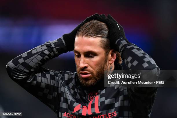 Sergio Ramos of Paris Saint-Germain warms up before the Ligue 1 Uber Eats match between Paris Saint-Germain and Stade de Reims on January 23, 2022 in...