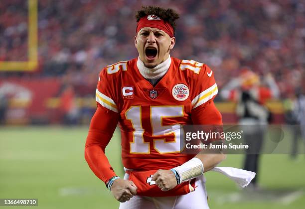 Patrick Mahomes of the Kansas City Chiefs reacts prior to the AFC Divisional Playoff game against the Buffalo Bills at Arrowhead Stadium on January...