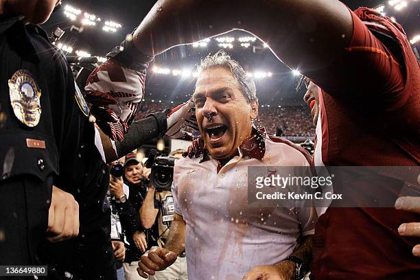 Head coach Nick Saban of the Alabama Crimson Tide is doused with Gatorade after defeating the Louisiana State University Tigers in the 2012 Allstate...
