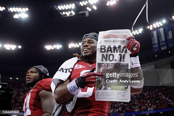 Trent Richardson of the Alabama Crimson Tide celebrates after defeating Louisiana State University Tigers in the 2012 Allstate BCS National...