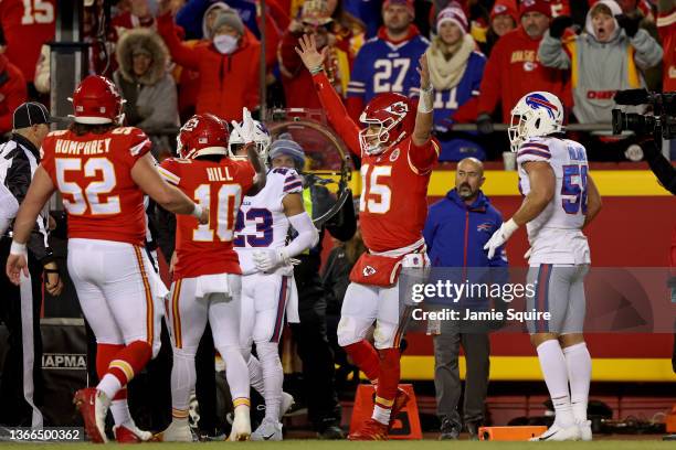 Patrick Mahomes of the Kansas City Chiefs celebrates after scoring a touchdown against the Buffalo Bills during the first quarter in the AFC...