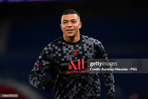 Kylian Mbappe of Paris Saint-Germain reacts during warmup before the Ligue 1 Uber Eats match between Paris Saint-Germain and Stade de Reims on...