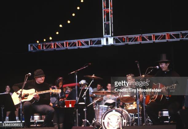 Billy Corgan and James Iha of The Smashing Pumpkins perform during Neil Young's Annual Bridge School benefit at Shoreline Amphitheatre on October 31,...