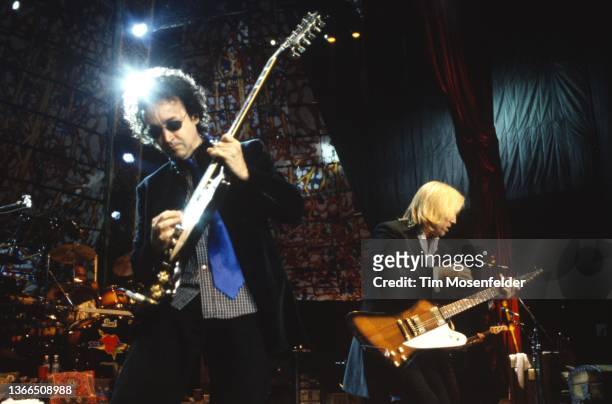 Mike Campbell and Tom Petty of Tom Petty and the Hearbreakers perform at Shoreline Amphitheatre on August 27, 1999 in Mountain View, California.