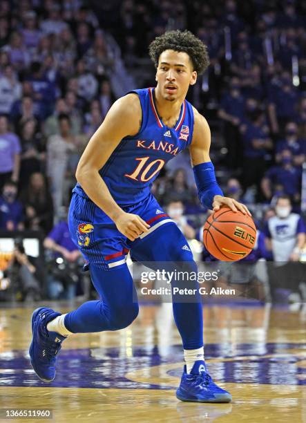 Jalen Wilson of the Kansas Jayhawks drives up court during the first half against the Kansas State Wildcats at Bramlage Coliseum on January 22, 2022...