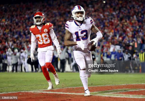 Gabriel Davis of the Buffalo Bills celebrates after scoring a 75 yard touchdown against the Kansas City Chiefs during the fourth quarter in the AFC...