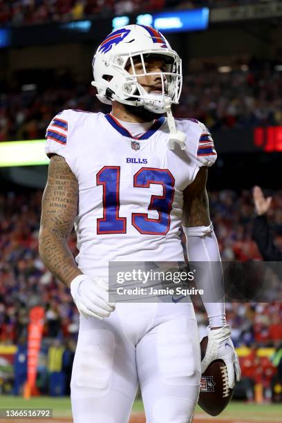 Gabriel Davis of the Buffalo Bills celebrates after scoring a 75 yard touchdown against the Kansas City Chiefs during the fourth quarter in the AFC...