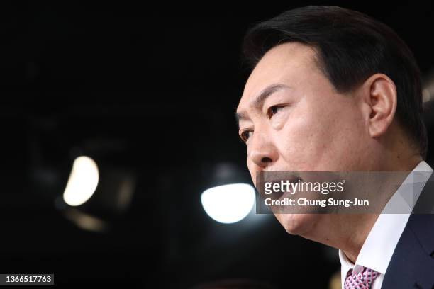 Yoon Suk-yeol, presidential candidate of South Korea's main opposition People Power Party , speaks during a news conference on Vision of Foreign...