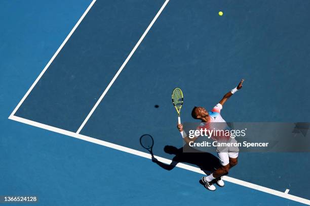 Felix Auger-Aliassime of Canada serves in his fourth round singles match against Marin Cilic of Croatia during day eight of the 2022 Australian Open...