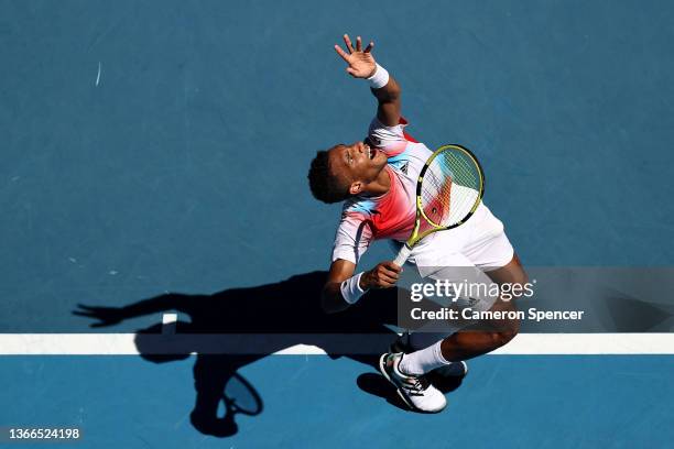 Felix Auger-Aliassime of Canada serves in his fourth round singles match against Marin Cilic of Croatia during day eight of the 2022 Australian Open...