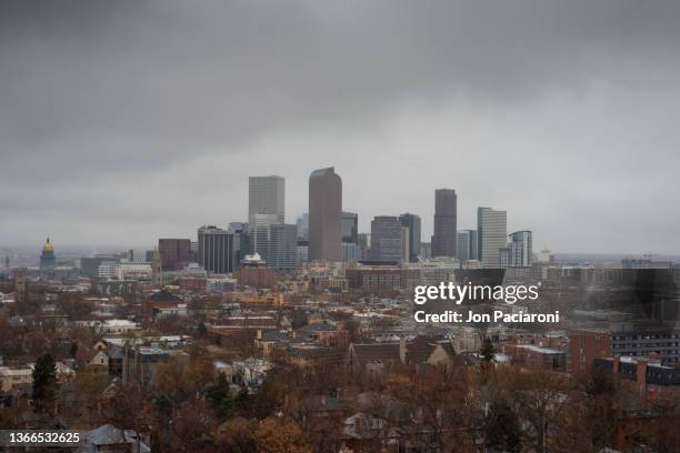 denver skyline and the rocky mountains - the denver art stock pictures, royalty-free photos & images