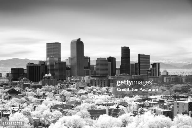 denver skyline and the rocky mountains - denver landmarks stock pictures, royalty-free photos & images