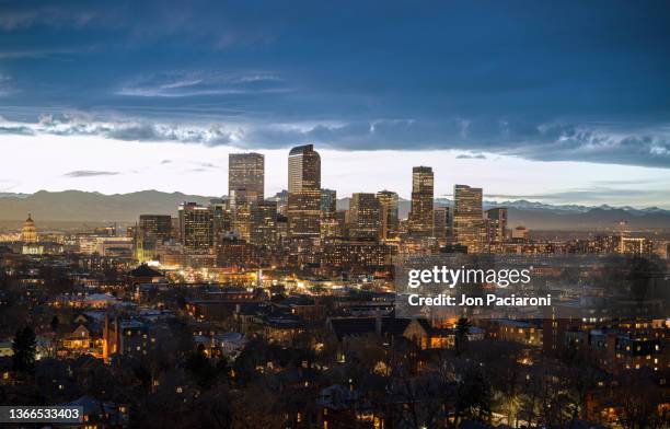 denver skyline and the rocky mountains - the denver art stock pictures, royalty-free photos & images