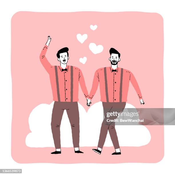 ilustraciones, imágenes clip art, dibujos animados e iconos de stock de pareja de hombres encantadores tomados de la mano y caminando juntos - novios