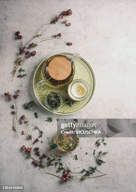 healthy lifestyle with aromatic herbal tea in glass teapot with candle and teacup, dried herbs and flowers on grey concrete kitchen table. - herbal medicine stock-fotos und bilder