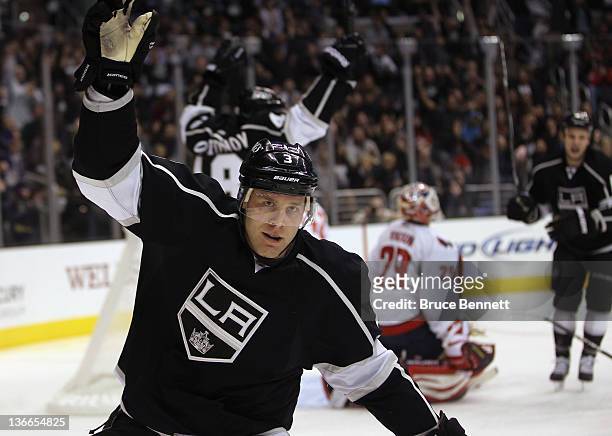 Jack Johnson of the Los Angelces Kings celebrates his goal at 3:01 of the second period against the Washington Capitals at the Staples Center on...