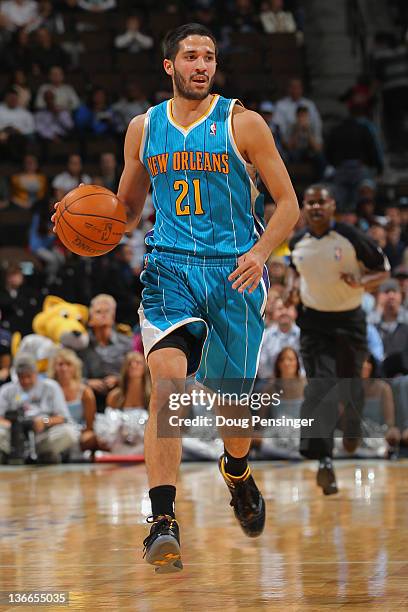 Greivis Vasquez of the New Orleans Hornets controls the ball against the Denver Nuggets at the Pepsi Center on January 9, 2012 in Denver, Colorado....