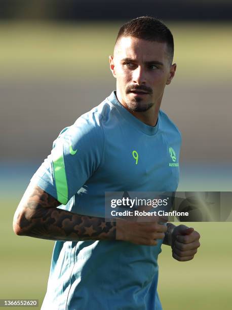 Jamie McLaren of Australia runs laps during an Australian Socceroos training session at AAMI Park on January 25, 2022 in Melbourne, Australia.