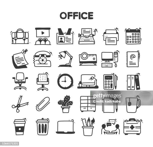 office related hand drawn vector doodle icon set - office chair vector stock illustrations