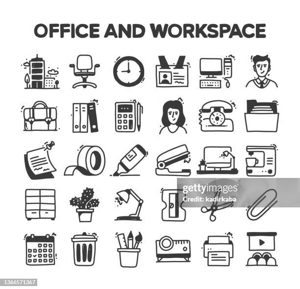 office and workspace related hand drawn vector doodle icon set - fax machine stock illustrations