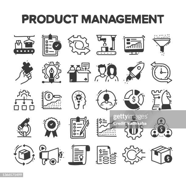 product management related hand drawn vector doodle icon set - factory manager stock illustrations