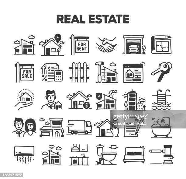 immobilienbezogene handgezeichnete vektor doodle icon set - hypotheken dokument stock-grafiken, -clipart, -cartoons und -symbole