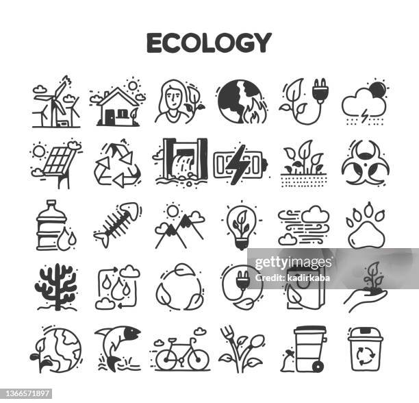 ecology related hand drawn vector doodle icon set - greenhouse emissions stock illustrations